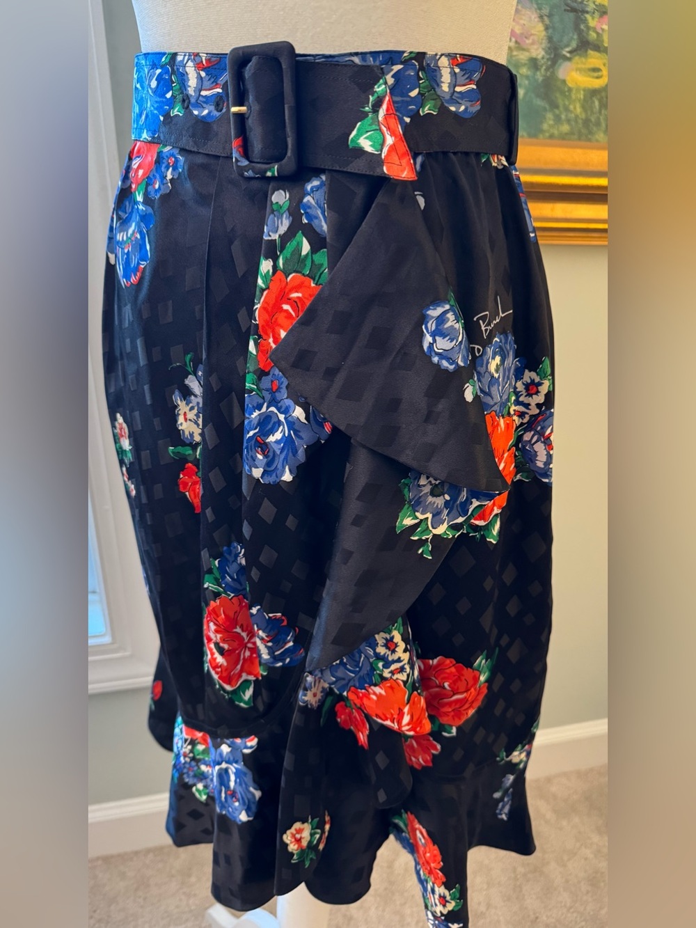 Tory Burch Navy Tea Rose Silk Jaquard Wrap Around Ruffle Skirt Size 2